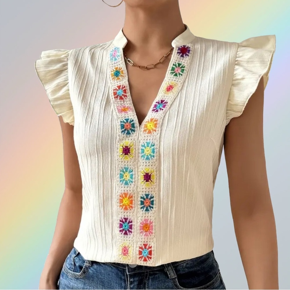 Embroidered Cream Top with Multicolor Accents